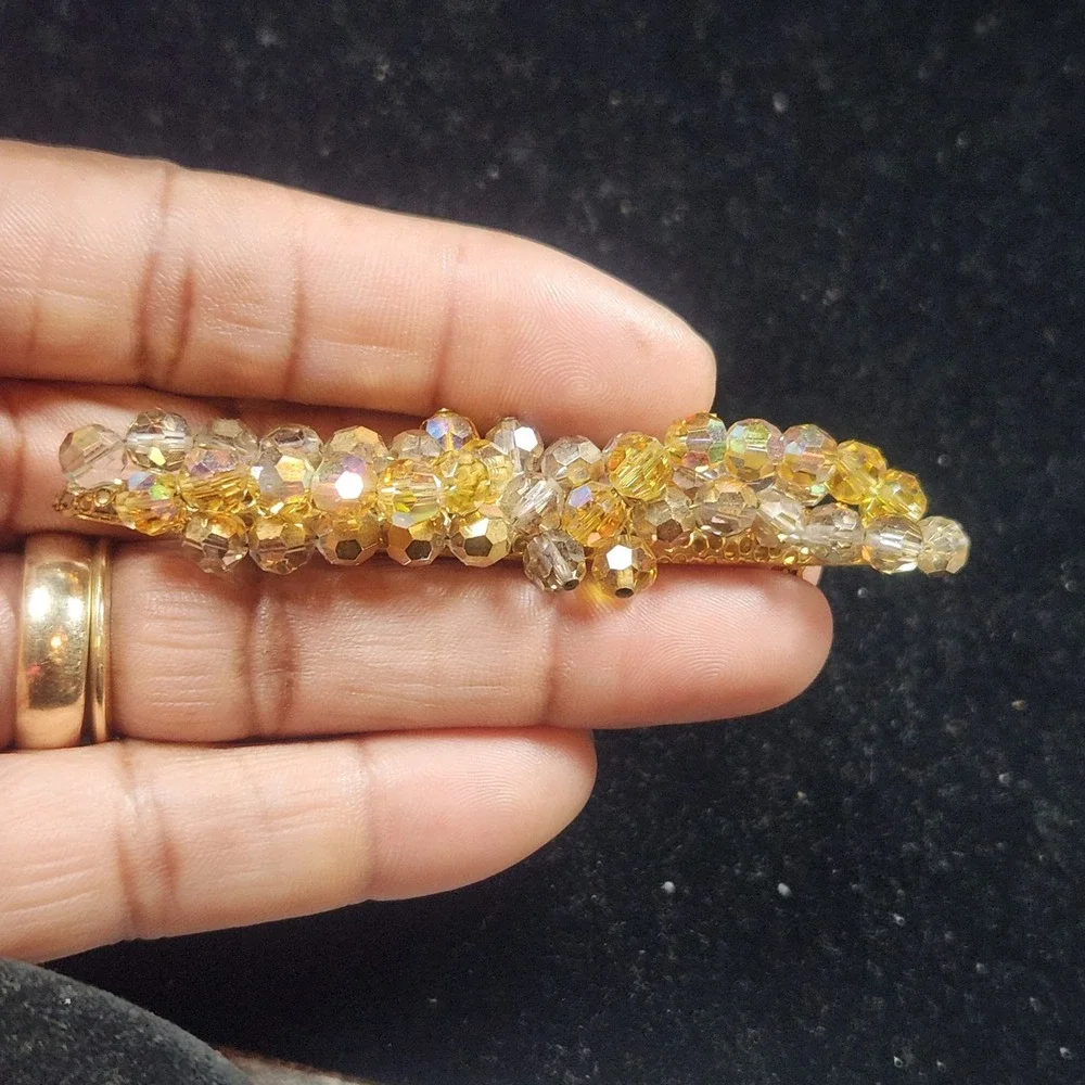 Vintage Amber AB Crystal Bead Bar Brooch Gold Tone Iridescent Cluster Pin